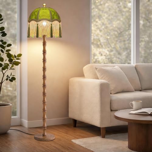 QIYIZM Vintage Floor Lamp for Living Room,Bedroom,Fringe Standing Lamp with Remote Dimmable,Green Mid Century Gold Tall Lamp Boho Retro Wood Tassel Flower Unique Lamp Tiffany Decor - Image 4