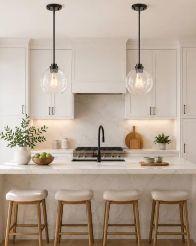 Black Pendant Lights Kitchen Island, 8" Pendant Light Fixtures with Globe Clear Glass Shade, Modern Kitchen Island Lighting, AD-22280-1PL-BK - Image 3