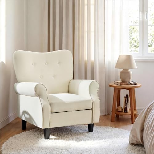 YOLENY Modern Accent Chair,High Back Armchair,Upholstered Fabric Button Single Sofa with Wooden Legs for Living Room,Bedroom,Club,Beige - Image 2