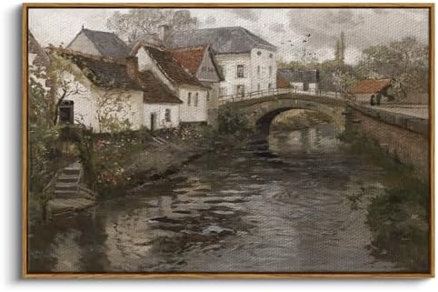 InSimSea Framed Canvas Wall Art Vintage Decor, Riverside Small Town Large Canvas Prints Home Decor, Rustic Farmhouse Hanging Wall Decor for Bedroom Living Room, 24"x36" by InSimSeaArt