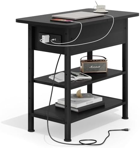 GRUSIGN End Table with Charging Station, Flip Top Side Table with USB Ports and Outlets, 3-Tier Small Side Table with Storage for Small Space, End Tables for Living Room/Bedroom, Black by GRUSIGN