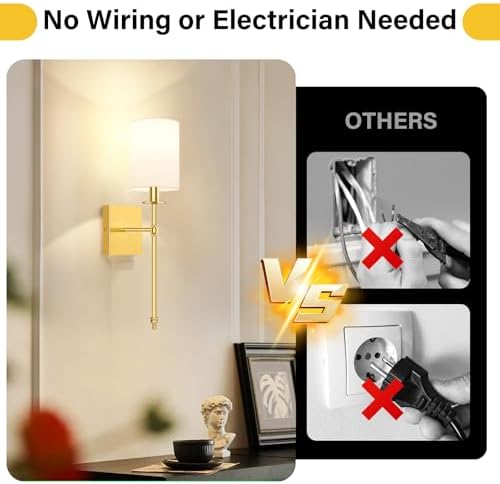 19.9 Inch Wall Sconces Battery Operated Set of 2, Gold Rechargeable Wireless Wall Sconces Lights with Remote, Not Hardwired Dimmable Wall Lamps with White Fabric Shade for Bedroom, 2 Bulbs Included - Image 2