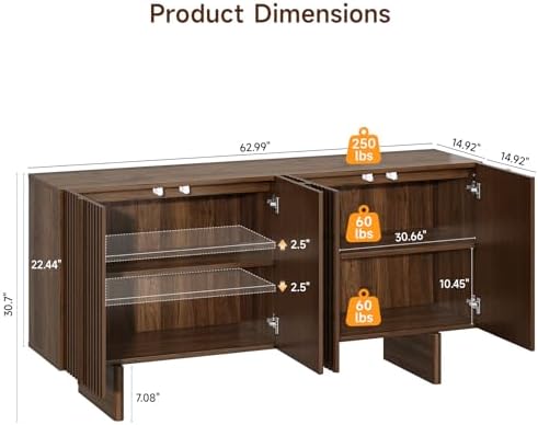 ONBRILL 63" Fluted Sideboard Cabinet with Storage Adjustable Shelves Walnut - Image 2