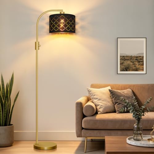 Nintiue Dimmable Floor Lamp, 1200 Lumens LED Edison Bulb Included, Arc Gold Floor Lamps for Living Room Modern Standing Lamp with Black Grid Shade - Image 5