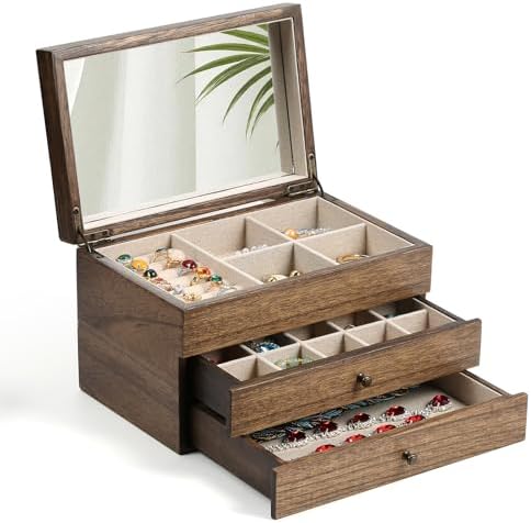 Meangood Jewelry Box Organizer for Women, 3 Layer Large Jewelry Storage Case, Rustic Wooden Jewelry Box with Mirror & Ring Tray for Necklace Earring Bracelets Rings, Vintage Style (Walnut) by Meangood