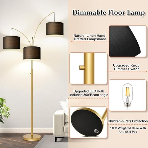 Dimmable Floor Lamp, 3 Lights Gold Arc Floor Lamp, Modern Tall Standing Tree Lamp with Black Linen Shades & Heavy Base, 3000LM LED Bulbs, Bright Lighting for Living Room, Bedroom, Office & Reading - Image 4