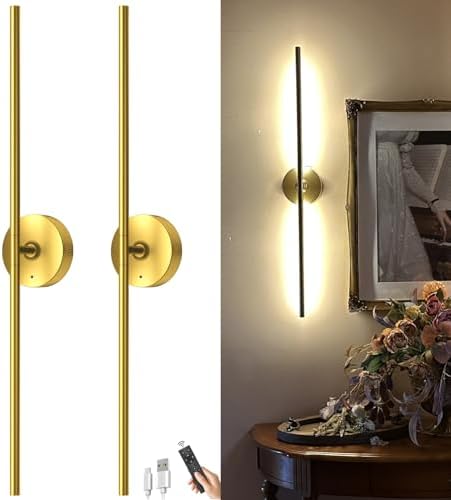 Battery Operated Wall Sconce Set of Two: Gold Wireless Rechargeable Wall Light with 10000mAh Detachable Battery and Remote, 360° Rotatable Scone Wall Decor for Bedroom Hallway Bathroom, 31.5inch by iThirdHomeOutdoorLighting