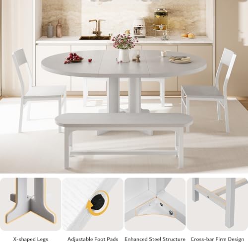 iPormis 5-Piece Round Dining Table Set for 4-6, 59" Extendable Dining Room Table Set with 2 Ergonomic Chairs & 2 Benches, Oval Modern Dinette Table with MDF Board and Metal Frame, Space-Saving, White - Image 6