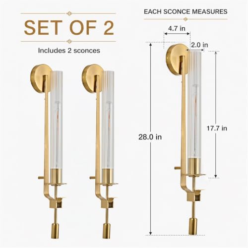 LIGHTLAND Gold Wall Sconces Set of 2, 28 Inch Modern Metal Glass Wall Light Fixture, Wall Lamp for Living Room Bedroom Hallway - Image 3