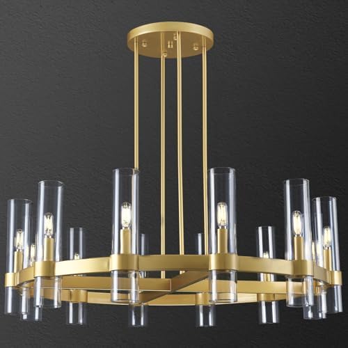 Knurldon12 Light Brass Round Chandelier 36" Wagon Wheel Chandeliers for Dining Room Light Fixture Clear Glass Tube Chandelier Modern Farmhouse Chandeliers for LivingRoom Foyer, Bulb Included by Knurldon