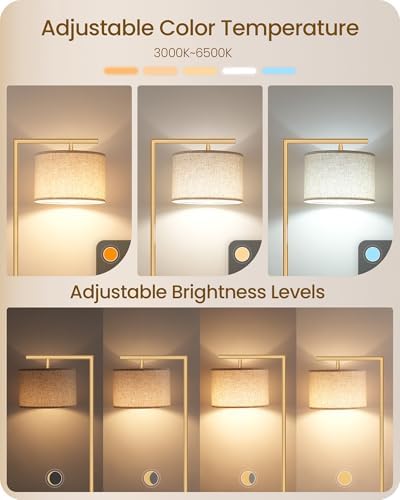 Modern Dimmable Floor Lamp for Living Room, Corner Tall Lamp with Fabric Shade, LED Bulb Included, Arched Reading Light with Remote Control and Foot Pedal, Beige and Gold DE11LD05 - Image 2