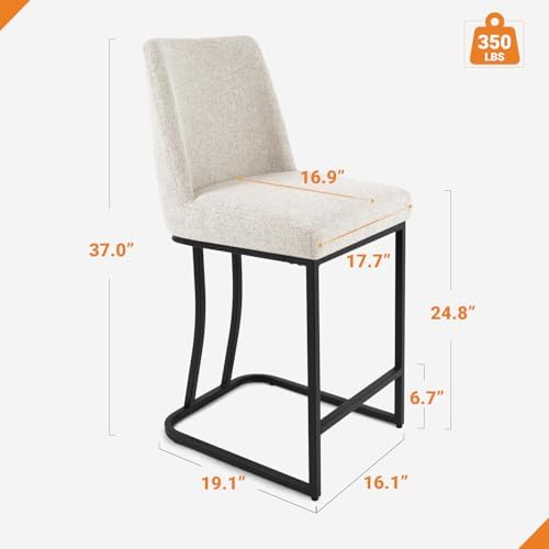 Counter Height Bar Stools Set of 2, 24 Inch Seat Height Bar Chairs for Kitchen Island, Linen Fabric Upholstered Barstools with Metal Feet for Dining Room, Beige - Image 2