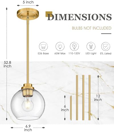 Pendant Lights Kitchen Island, 7" Modern Brushed Gold Hanging Lights Fixtures with Clear Seeded Glass Globe Shade, Kitchen Island Lighting for Bathroom, AD-22280-1P-GD-S - Image 2
