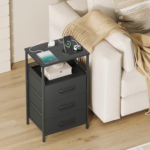 JARHETUN Nightstand Set of 2, Night Stands with Charging Station, 26.4 Inch Tall Bedside Table with Metal Shelf, Modern Side End Table with 3 Fabirc Drawers, Small Dresser for Bedroom, Black - Image 6