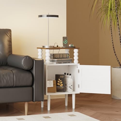 Veegle White Nightstand with Charge Station,Modern Bedside Table with Storage Drawer and Open Wood Shelf, for Bedroom and Small Spaces,Night Stand with Solid Wood Legs (White) - Image 5