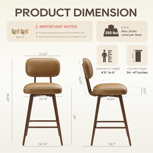 MALOL 26“ Swivel Bar Stools Set of 4, Mid Century PU Leather Counter Height Bar Chairs with Low Back and Metal Legs, Modern Bar Stool Chair for Kitchen Island, Brown - Image 2