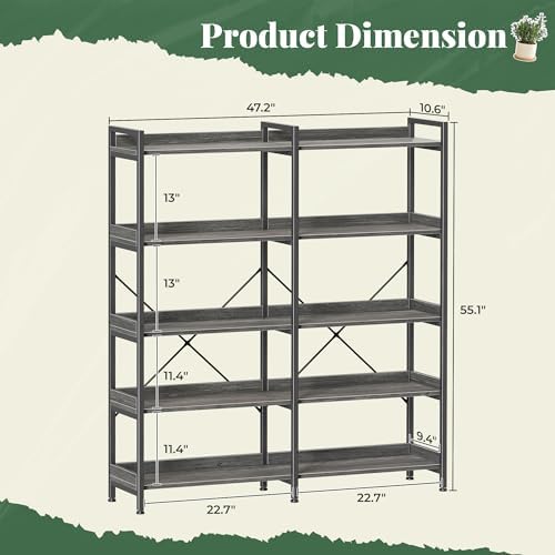 Huuger 5 Tier Bookshelf, Display Bookshelf with 10 Open Shelves and Raised Baffle, 47.2 Inch Straight Wide Bookcase with Metal Frame and Wooden Board, Adjustable Feet, Grey - Image 2