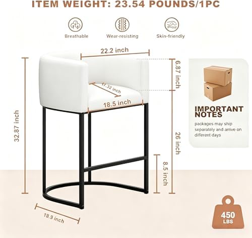 26" H Counter Height Bar Stools Set of 2, Modern Barrel Counter Stools with Backrest and Arms, Linen Fabric Upholstered Accent Barstools for Kitchen Island,Support 450 LBS (White) - Image 2