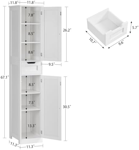 Iwell 66.9" Tall Bathroom Storage Cabinet with 2 Doors & 1 Drawer - Image 3