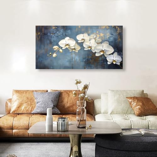 Abstract White Butterfly Orchid Canvas Wall Art for Living room Office Bedroom Flowers Wall Art Print Oil Paintings Modern Blue Gold Rain Mist Pictures Wall Decor Artwork Ready to Hang - 28in * 57inch - Image 6