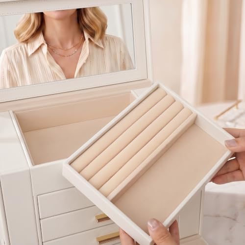 Large Leather Jewelry Box for Women, Mirror, 5 Layer, White - Image 5