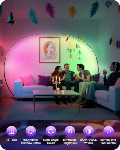 75" RGBW Corner Floor Lamp, Dimmable Arc Lamp with Remote & Foot Control - Image 2