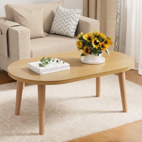 Small Coffee Table, Low Table with Solid Wood Legs, 23.6" Mini Oval Accent Table Side End Table, Floor Table Desk for Sitting on The Floor, Coffee Tea Table for Living Room, Dorm, Apartment, Natural by FURMORENE