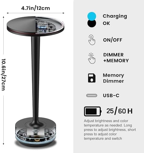 Cordless Table Lamps,6000mAh Rechargeable Battery,Portable LED Lamp with 60H Runtime,3 Color Modes&Stepless Dimming,Waterproof Metal Lamp for Patio,Restaurant Bedroom Dining Black - Image 3