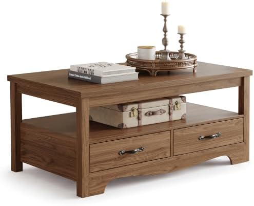 LINSY HOME Farmhouse Coffee Table with Storage, Wood Coffee Table for Living Room, Open Display Area and Storage Drawers with Metal Handles, Chic Style with Curved Base, Walnut by LINSYHOME