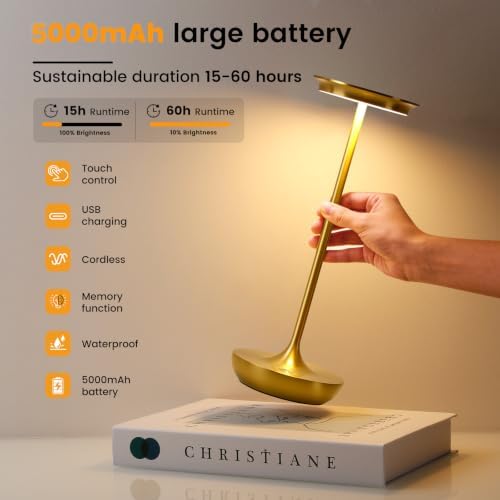 LED Rechargeable Cordless Table Lamp Battery Operated Light Set of 2 Gold - Image 3