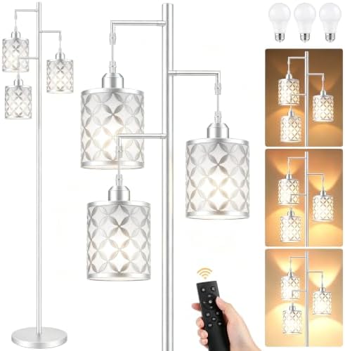 72" Dimmable Floor Lamp with Remote & Timer, Modern Minimalist Standing Lamp for Living Room Bedroom, 3 Individually Controlled Heads, 2 Height Options, 3x 800LM LED Bulbs Included - Silver by GHOOCEMLUX