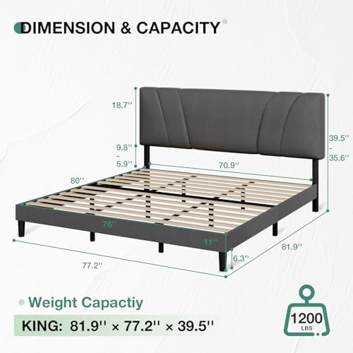 Novilla King Bed Frame and Headboard, Linen Upholstered King Size Bed Frame with Wood Slats Support, No Box Spring Needed, Heavy Duty Feet, Easy Assembly, Grey - Image 2