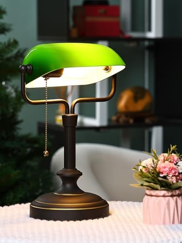 Traditional Banker's Desk Lamp with Glass Shade,Pull Chain Switch, LED Bulb Included (Antique Black+Green) - Image 3