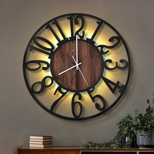 LEIKE Large Wall Clocks with Night Light Battery Operated,Silent Non Ticking,Rustic Modern Big Wood Clock for Living Room, Bedroom,Kitchen,Farmhouse,Office,Home Decor-20 Inch(Black-Arabic Number) by LEIKEWALLCLOCK