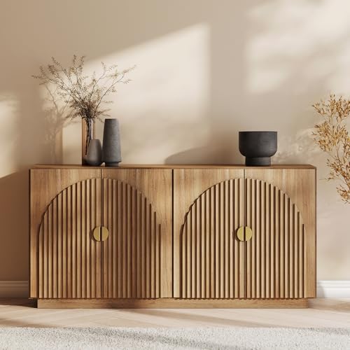 BELLEZE 65 Inch Fluted Buffet Cabinet with Storage, Symmetrical Arc Accent Sideboard Large Console Table for Dining Room, Kitchen, and Living Room (Caramel Brown) by BELLEZE