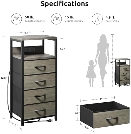 Lazzanto Night Stand with Charger Station, 4 Fabric Drawers, Grey - Image 3
