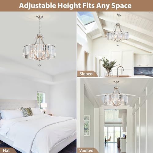 Modern Crystal Chandeliers Round 6-Light Large Brushed Nickel Pendant Lighting Fixture for Dining Room Living Room Kitchen Island Bedroom Hallway 21.7" Adjustable Height Hanging Lamp - Image 4