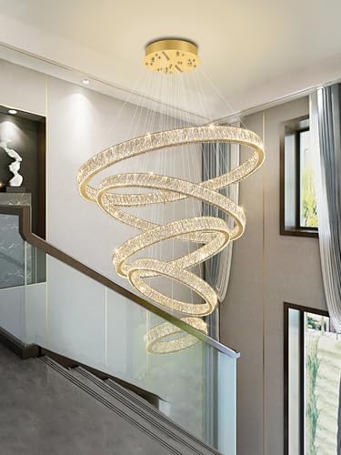 Modern Gold Ring Chandelier for High Ceiling Foyer,Large Crystal Chandelier for Staircase Villa D8''+15.7"+23.6"+31.5"+39.4" - Image 6