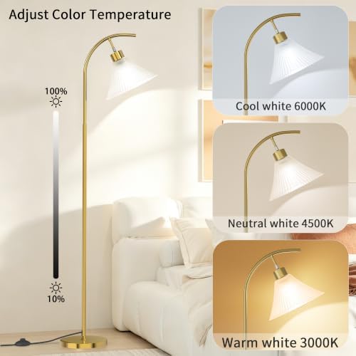 SIBRILLE Gold Floor Lamp with Remote, Dimmable Glass Arc Standing Lamp, Ribbed Frosted Glass Shade, 3 Color Temperatures, Foot Switch, 9W LED Bulb for Living Room Bedroom Office - Image 3