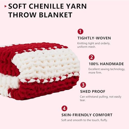 L'AGRATY Chunky Knit Throw Blanket for Couch, 72 x 84 Inches, Red White - Image 2