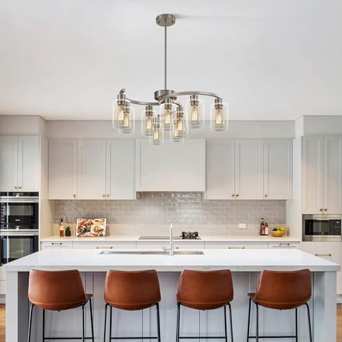 CNRATYE 9-Light Brushed Nickel Glass Chandelier, Adjustable Height Hanging Industrial Dining Room Chandelier Over Table, Modern Farmhouse Chandelier for Kitchen Island Living Room Entryway Bedroom - Image 3