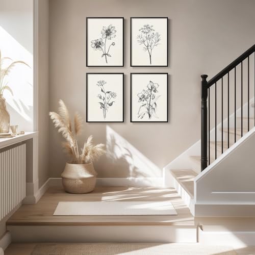 Framed Black and White Floral Wall Art for Living Room, 4 Piece 12x16 In - Image 3