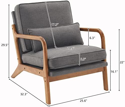 Bonnlo Linen Dark Grey Mid Century Modern Accent Chair, Soild Wood Padding Lounge Armchairs Side Sitting Chairs for Living Room, Bedroom, Guest Room - Image 2
