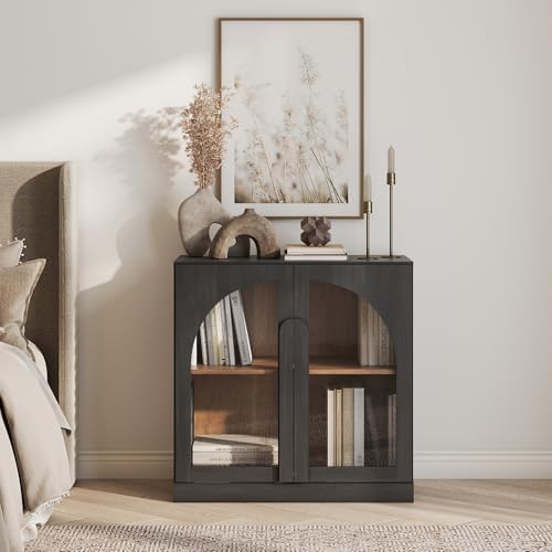 BELLEZE Bijou 31.5" Modular Sideboard Cabinet - Expandable Design w/Arched Glass Doors - Use Solo or Combine for Buffet, Living Room Media Center & Entryway - 70lbs Capacity, Ebony by BELLEZE