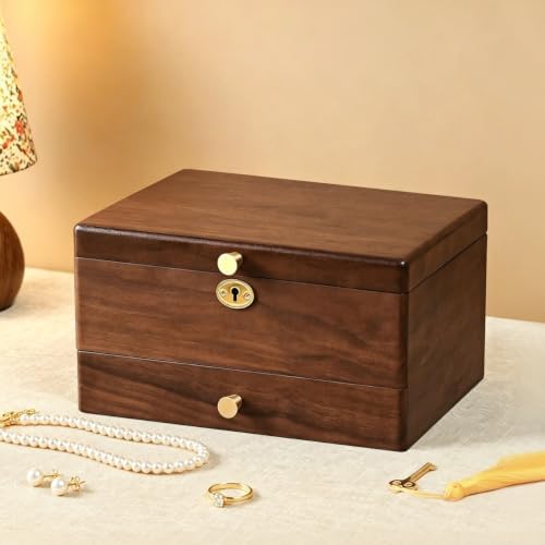 Black Walnut Jewelry Box for Women, 3 Layer Top Lock Wooden Organizer Case by Vwixkuxx