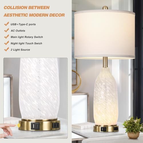 Rinweey 26" Modern Clear Glass Table Lamp Nightstand Lamp with USB A+C Ports & AC Outlet,Bedside Lamps with 3-Way Dimmable Touch Control Night Light for Bedroom Living Room,Single White - Image 3