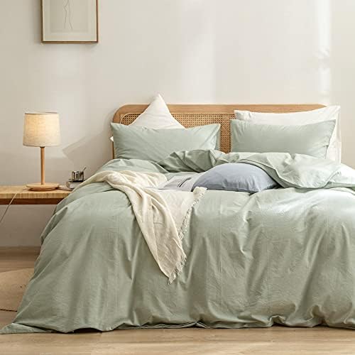 BESTOUCH Cotton Solid Duvet Cover Set Linen Feel Sage Green Super Queen by BESTOUCH