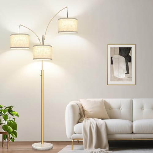 Dimmable Floor Lamp - 3 Lights Gold Arc Floor Lamps for Living Room, 1000LM Modern Tall Standing Lamp with White Shade&Marble Base, Mid Century Tree Floor Lamp for Bedroom Office, 3 LED Bulbs Included by Nintiue