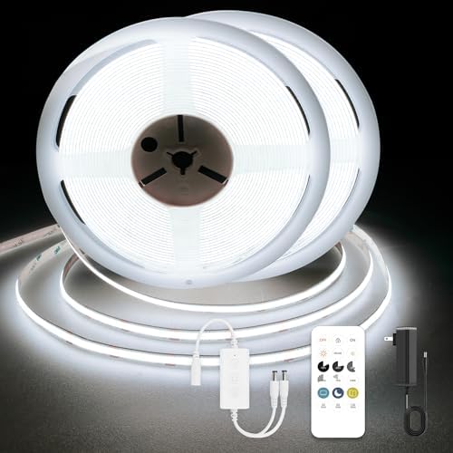 COB LED Strip Lights, Dotless LED Lights with Remote& App, 49.2ft White 6000K Super Bright Dimmable 24V Flexible LED Tape Light,Kitchen Cabinet,Office,Stairs,Shelf Indoor Lighting. by AUZIWECOBLEDStripLights