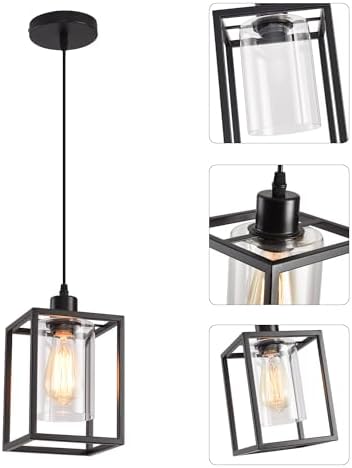 3 Pack Black Pendant Lights for Kitchen Island Industrial Lantern Pendant Light Fixtures with Clear Glass Shade, Farmhouse Adjustable Height Hanging Pendant Lighting for Dining Room - Image 7